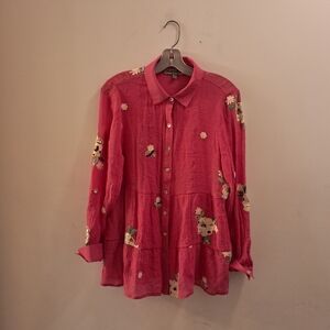 Figueroa & Flower Top Women's Medium M Pink Floral Embroidered Career Coastal